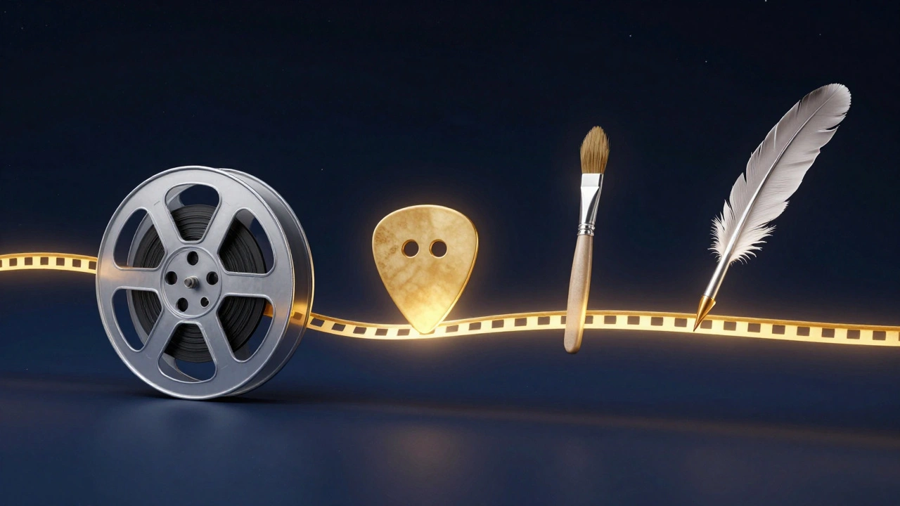 Film reel transforming into artistic symbols like a guitar and paintbrush
