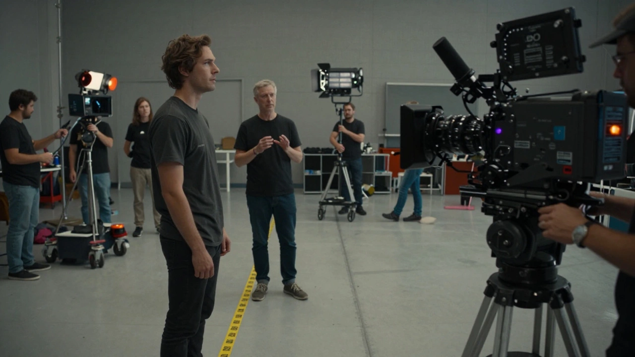 Film set with actor holding eye line near camera lens