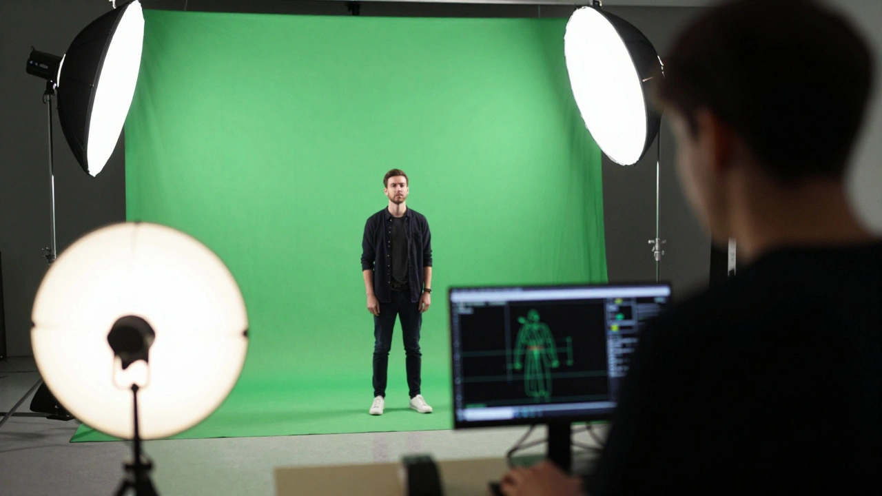 Film set with green screen and camera tracking equipment for VFX