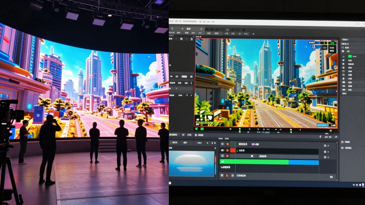 Film set with LED walls showing real-time virtual production environment
