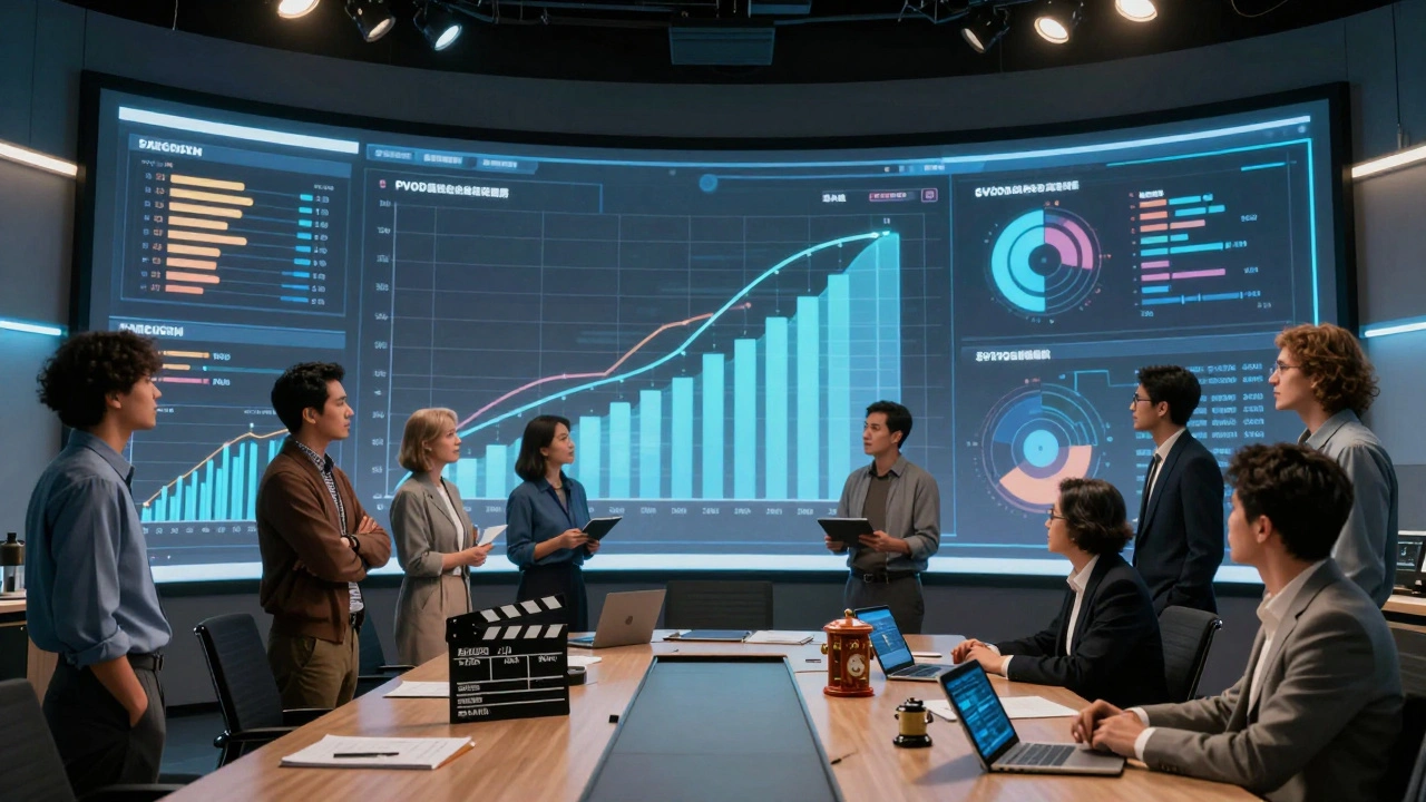 Film studio analysts reviewing holographic revenue charts in a high-tech command center.
