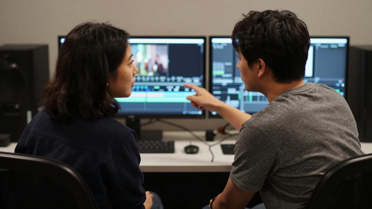 Filmmaker and participant collaborating calmly while reviewing footage in an edit suite.