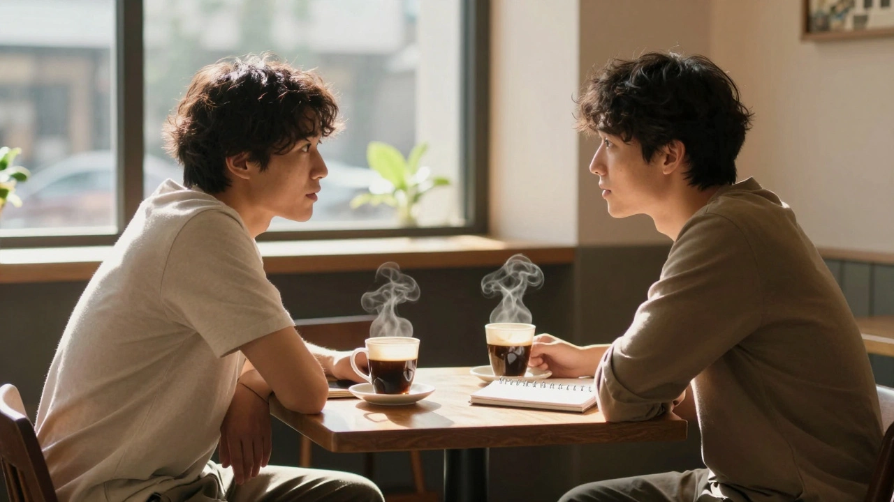 Filmmaker and subject talking without cameras in a cafe.