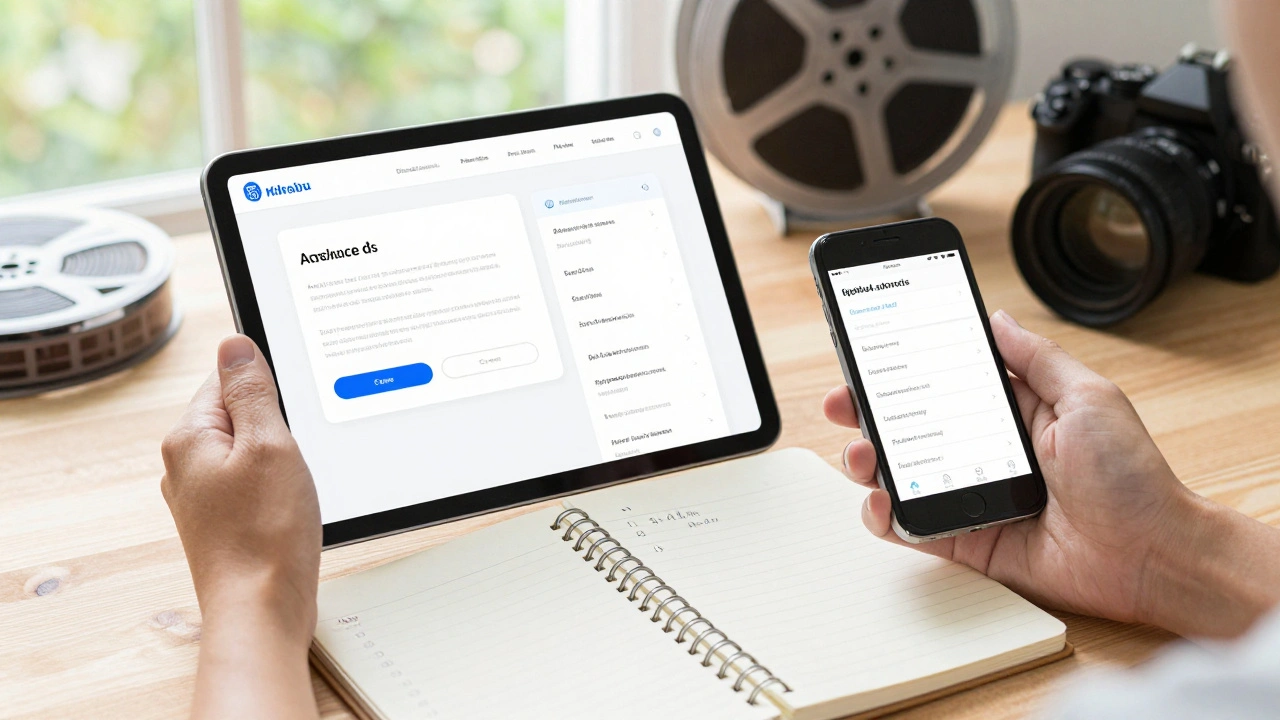 Filmmaker comparing submission apps on devices with a planning notebook nearby.