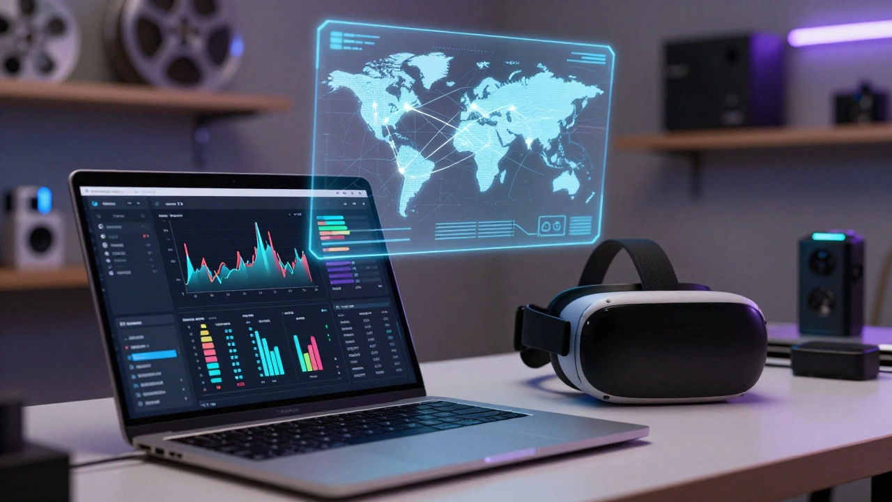 Filmmaker dashboard with analytics and VR headset for hybrid release strategy