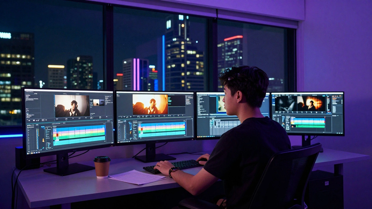 Filmmaker editing video in a modern Bangkok studio with city view