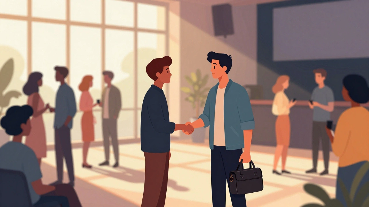 Filmmaker networking with peers in a sunny cinema lobby