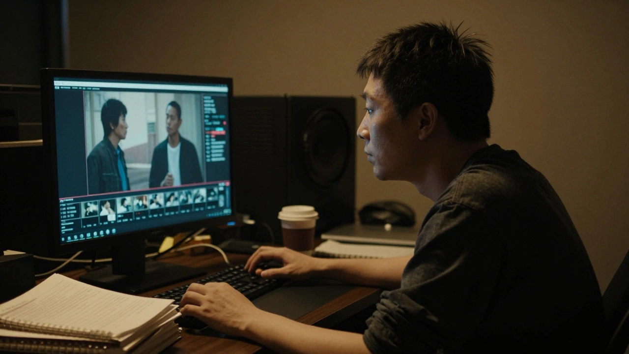 Filmmaker reviewing footage in a dimly lit editing room