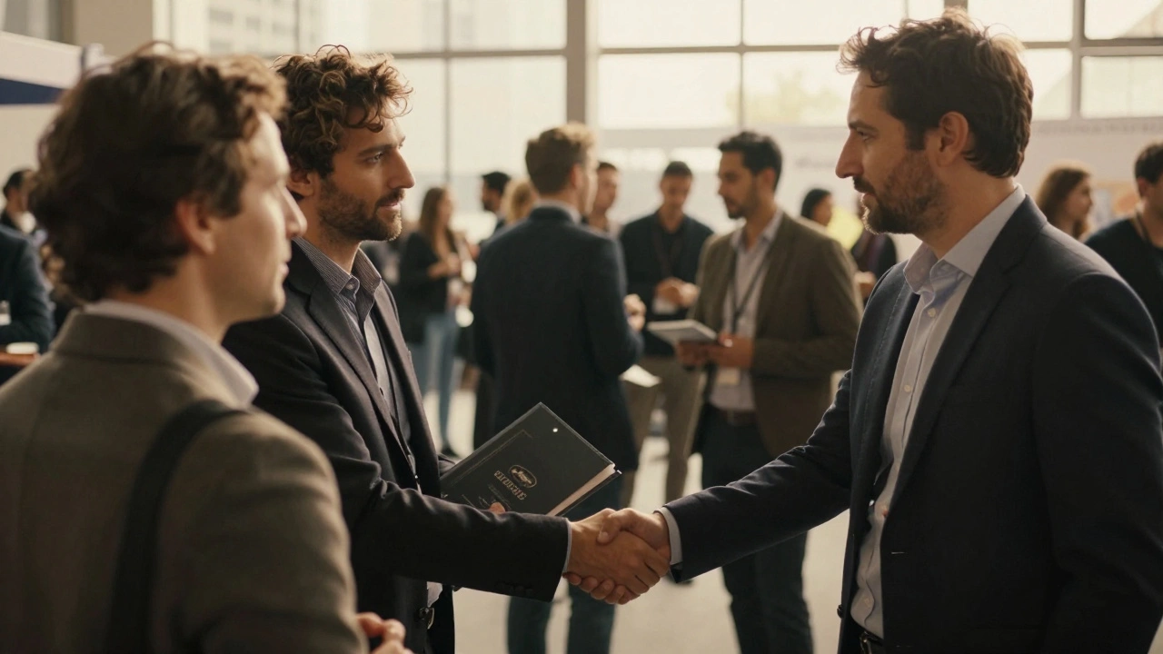 Filmmaker shaking hands with sales agent at film market event