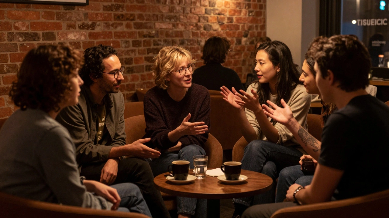 Filmmakers networking in a cozy, intimate festival lounge