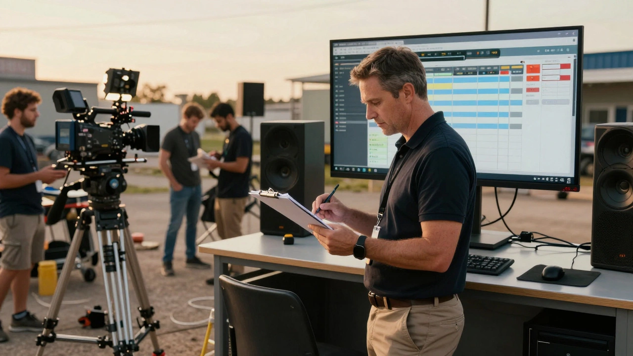 First Assistant Director managing schedule on a busy film set