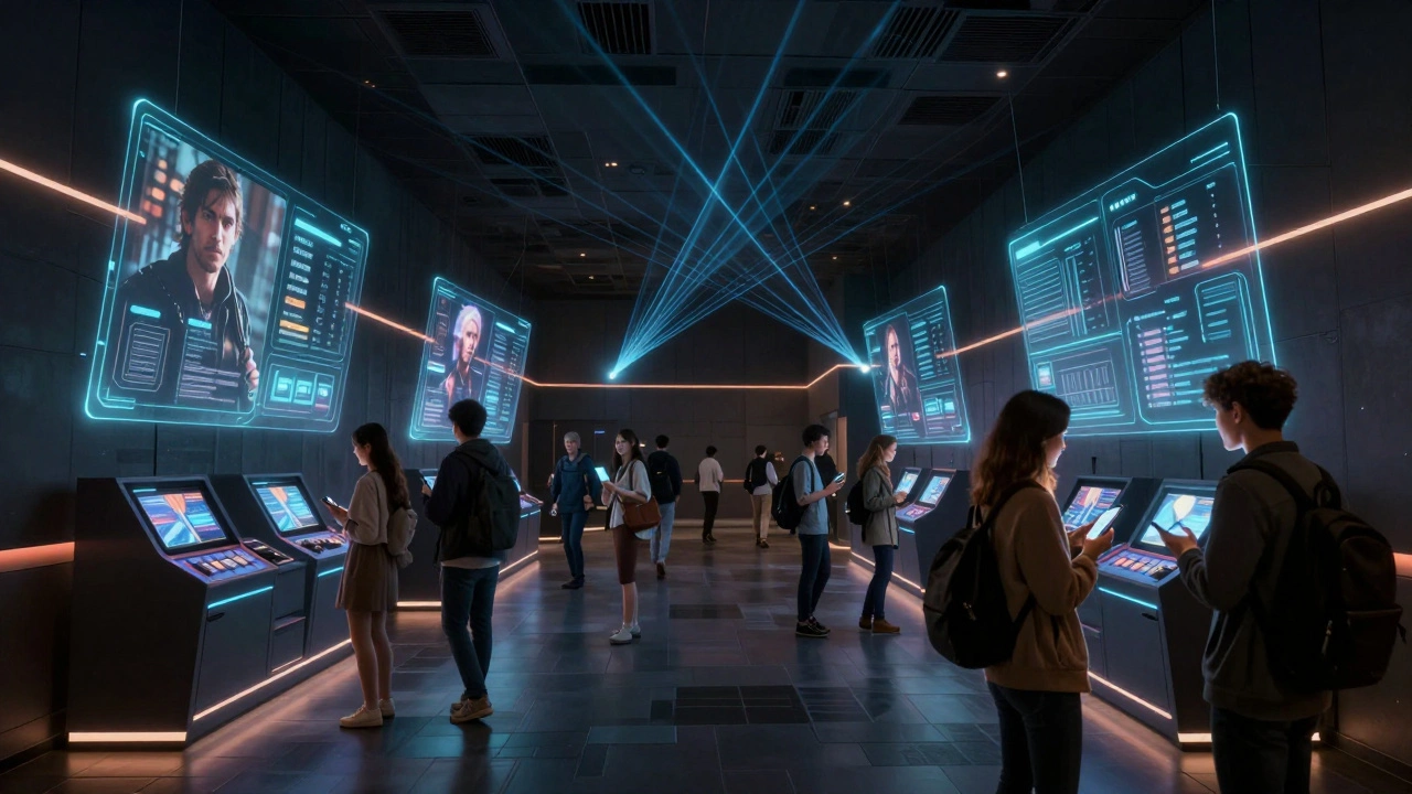 Futuristic cinema lobby with AR holograms and laser projection technology.