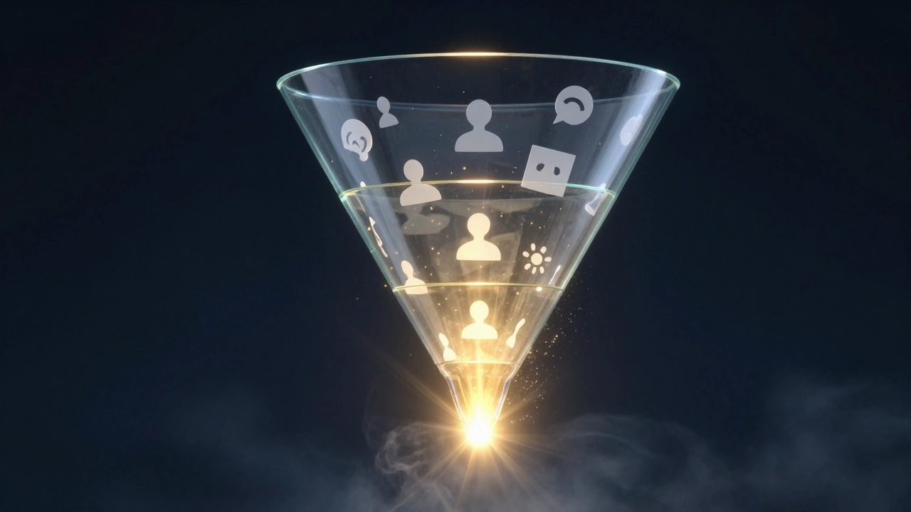 Glass funnel visualizing the journey from brand awareness to ticket sales