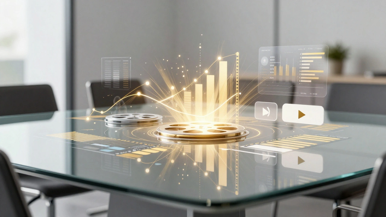 Glass table reflecting golden data charts and film reels symbolizing media strategy.