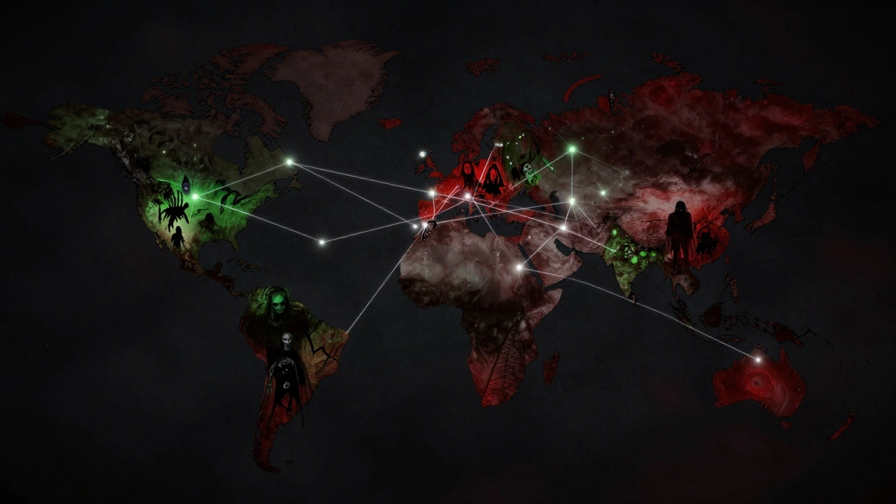 Global map connecting diverse international horror cultures through streaming networks.