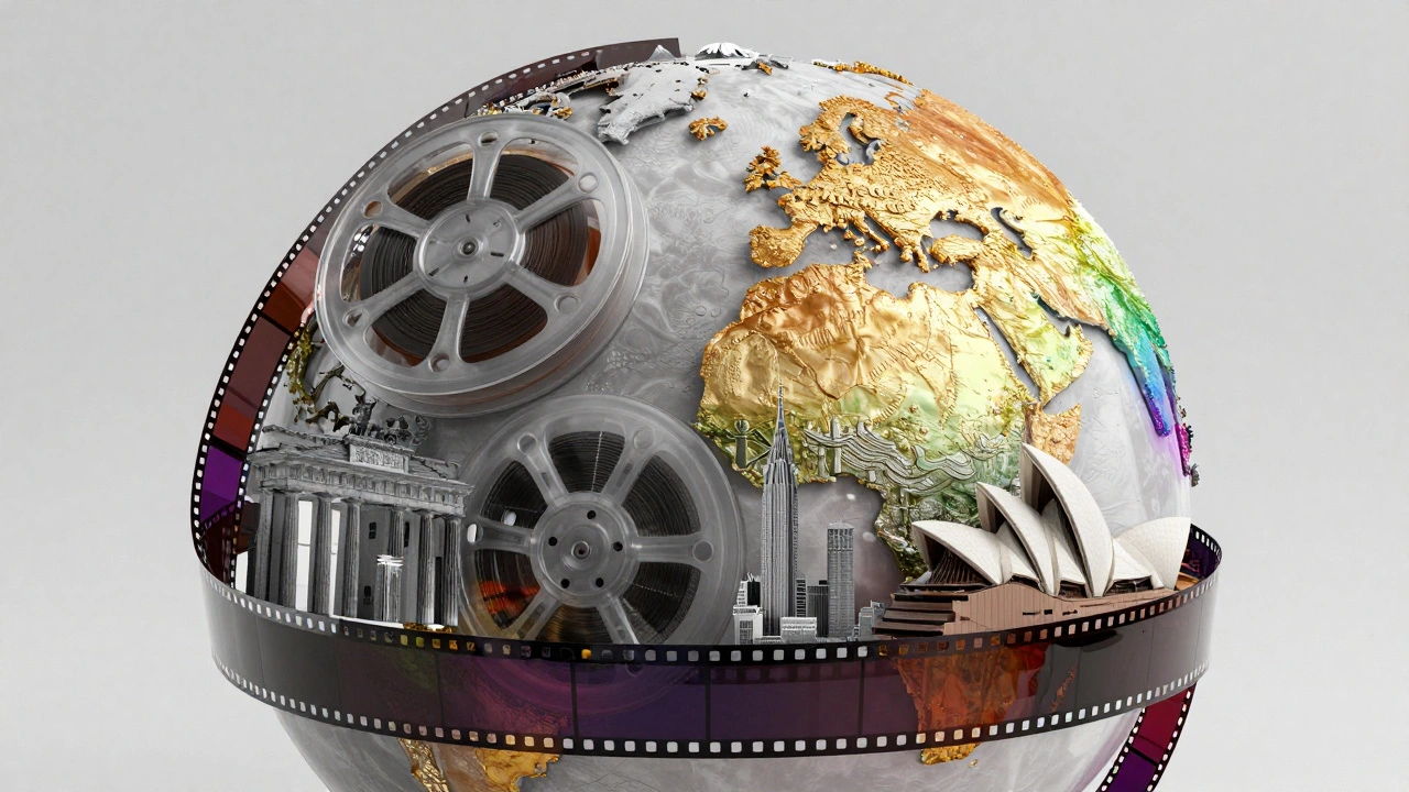 Globe made of colorful film strips representing global queer cinema festivals