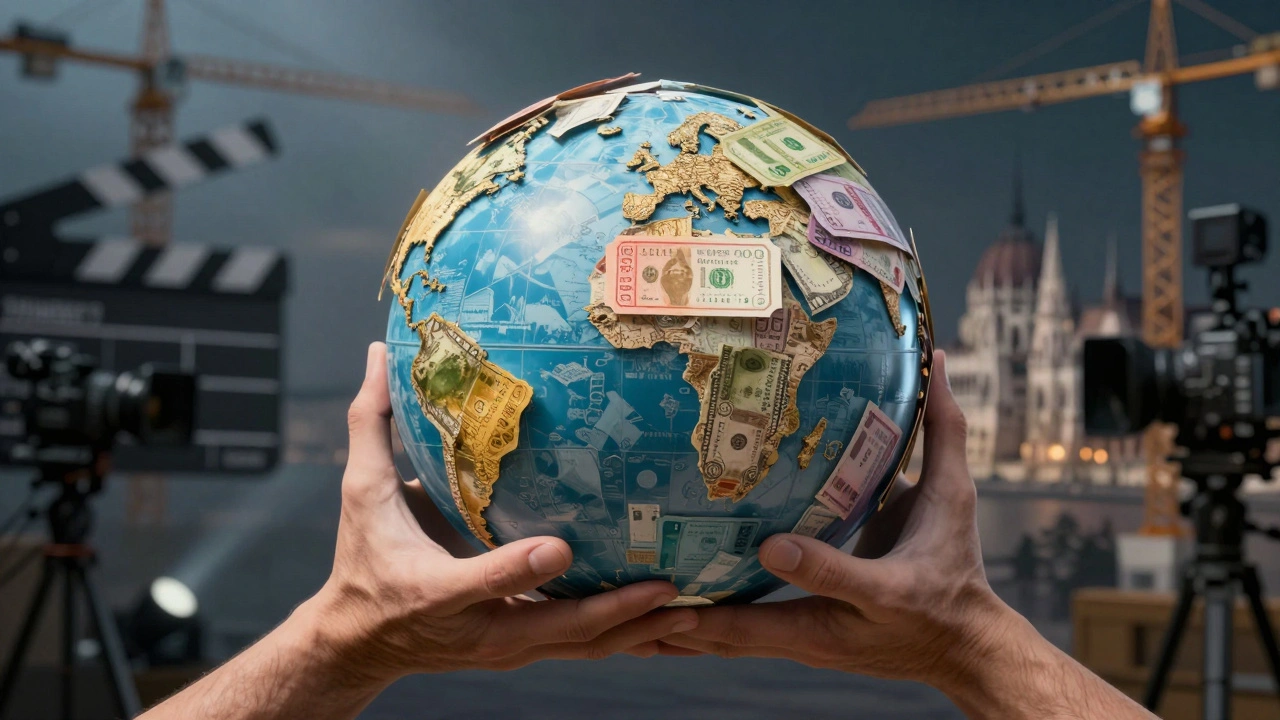 Globe made of tickets and money held by hands representing currency strength