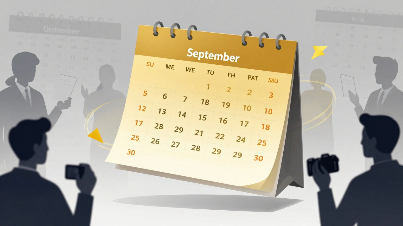 Golden calendar months surrounded by voters