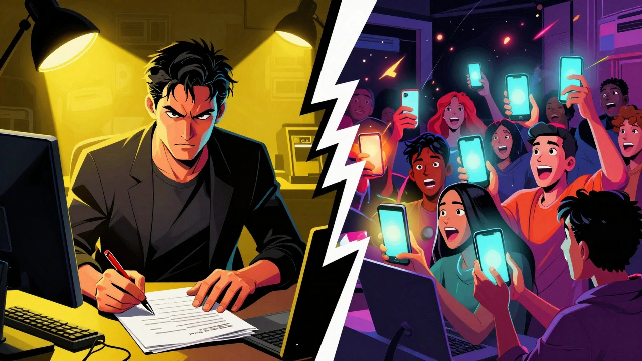 Graphic illustration showing a stern critic versus a crowd of angry fans with phones.