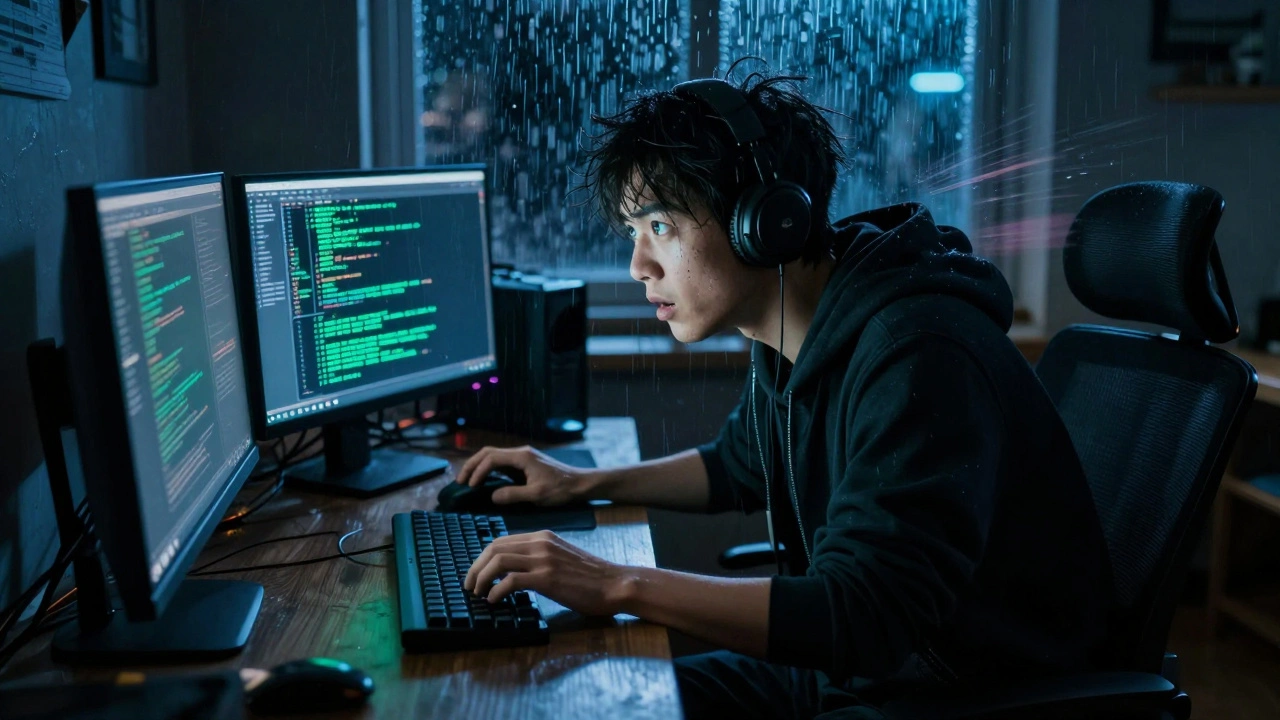 Hacker working urgently in dark room with neon screen glow
