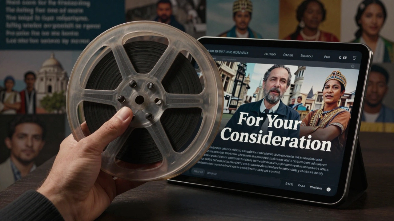 Hand holding film reel transitioning to digital campaign materials.