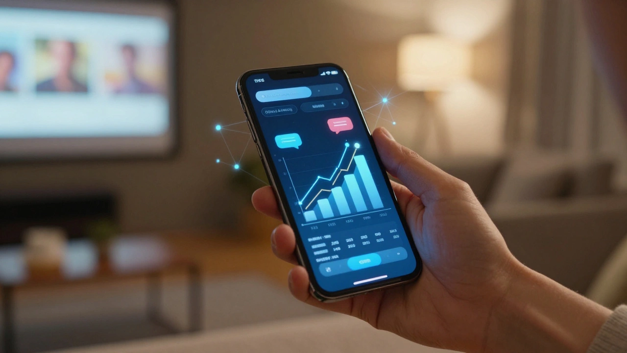 Hand holding phone with social media analytics