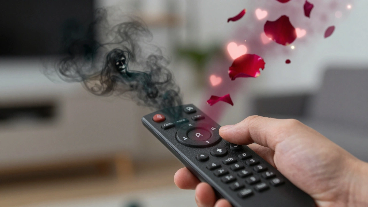 Hand holding remote emitting visual effects of horror mist and romantic petals