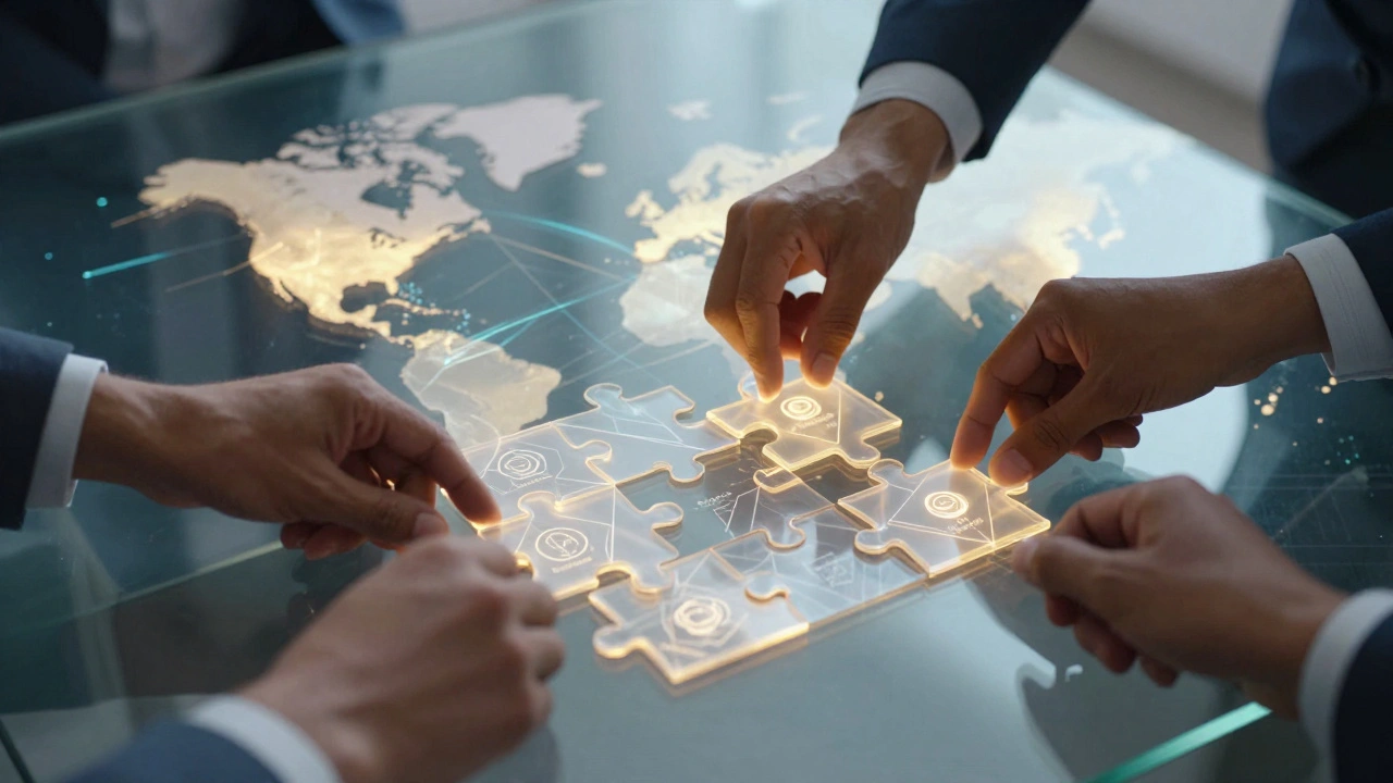 Hands assembling a glowing puzzle representing global film financing components.