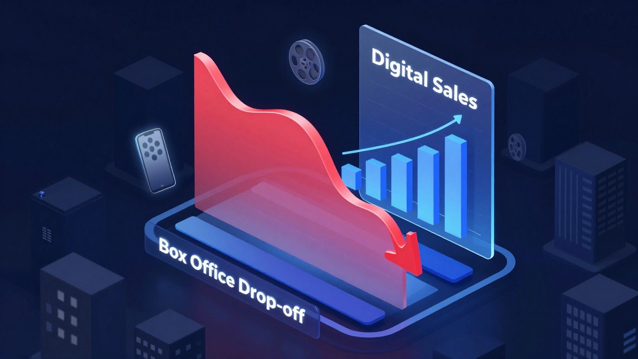 Holographic charts illustrating box office drop and digital sales rise