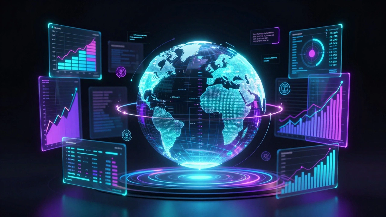 Holographic data charts and timelines illustrating film release analytics