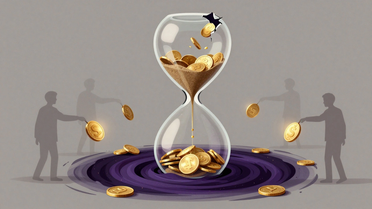 Hourglass losing gold coins into vortex symbolizing revenue loss