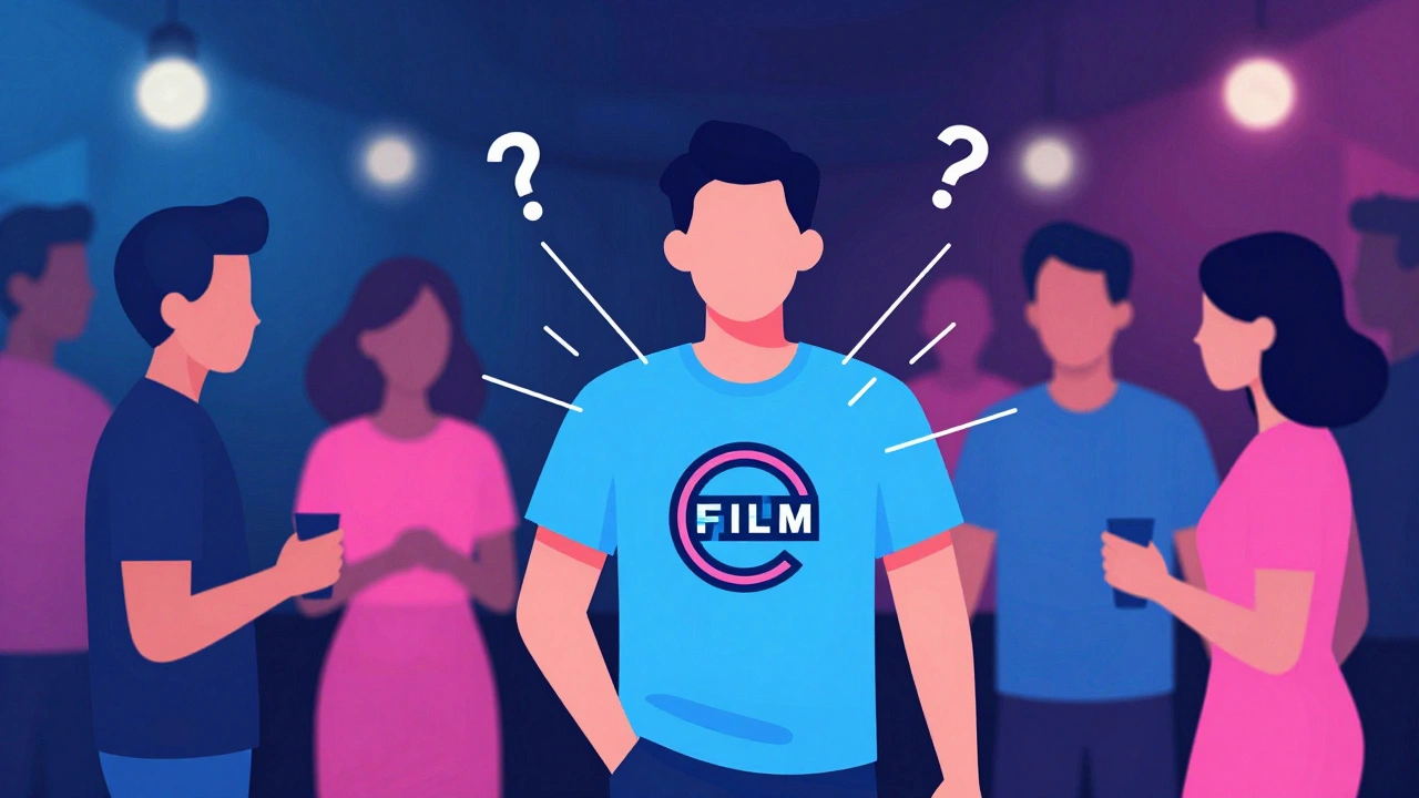 Illustration of a person wearing film merch sparking conversations at a networking event.