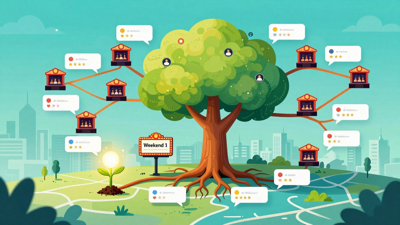 Illustration of a tree growing from word-of-mouth buzz across cities.