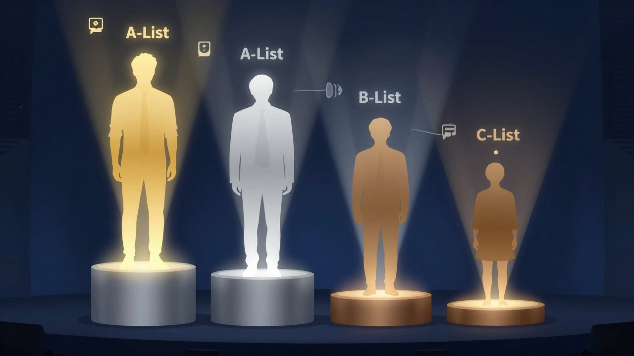Illustration of actor silhouettes on glowing pedestals showing talent tiers