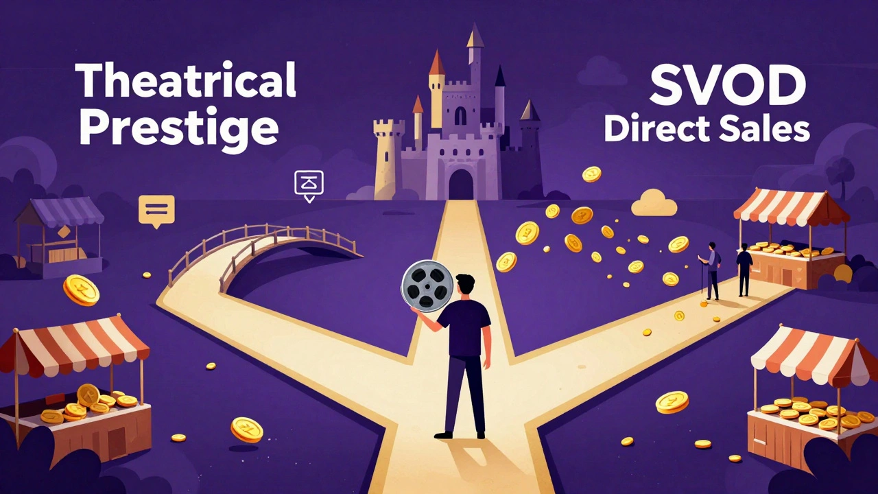 Illustration of filmmaker choosing between theatrical prestige and digital sales