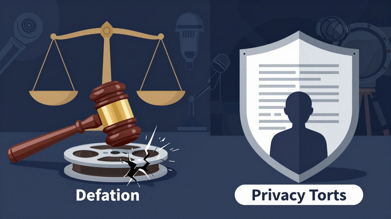 Illustration of gavel and shield representing defamation and privacy laws