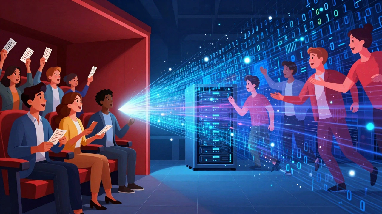 Illustration of movie fans turning into data streams for analysis