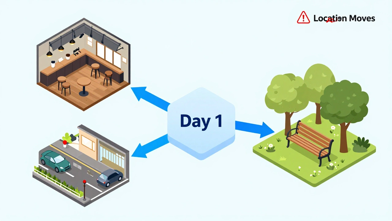 Illustration showing efficient grouping of movie scenes by location to save time