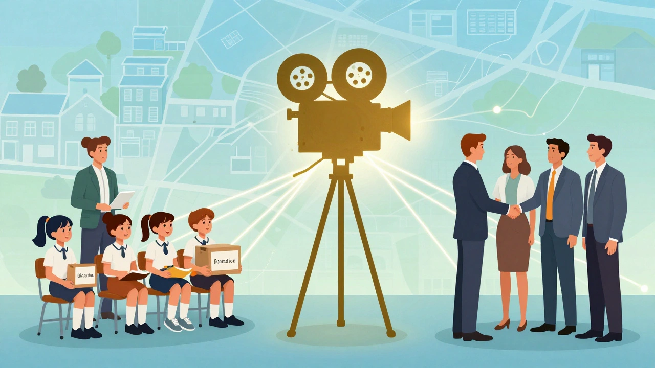 Illustration showing schools, nonprofits, and businesses supporting a cinema