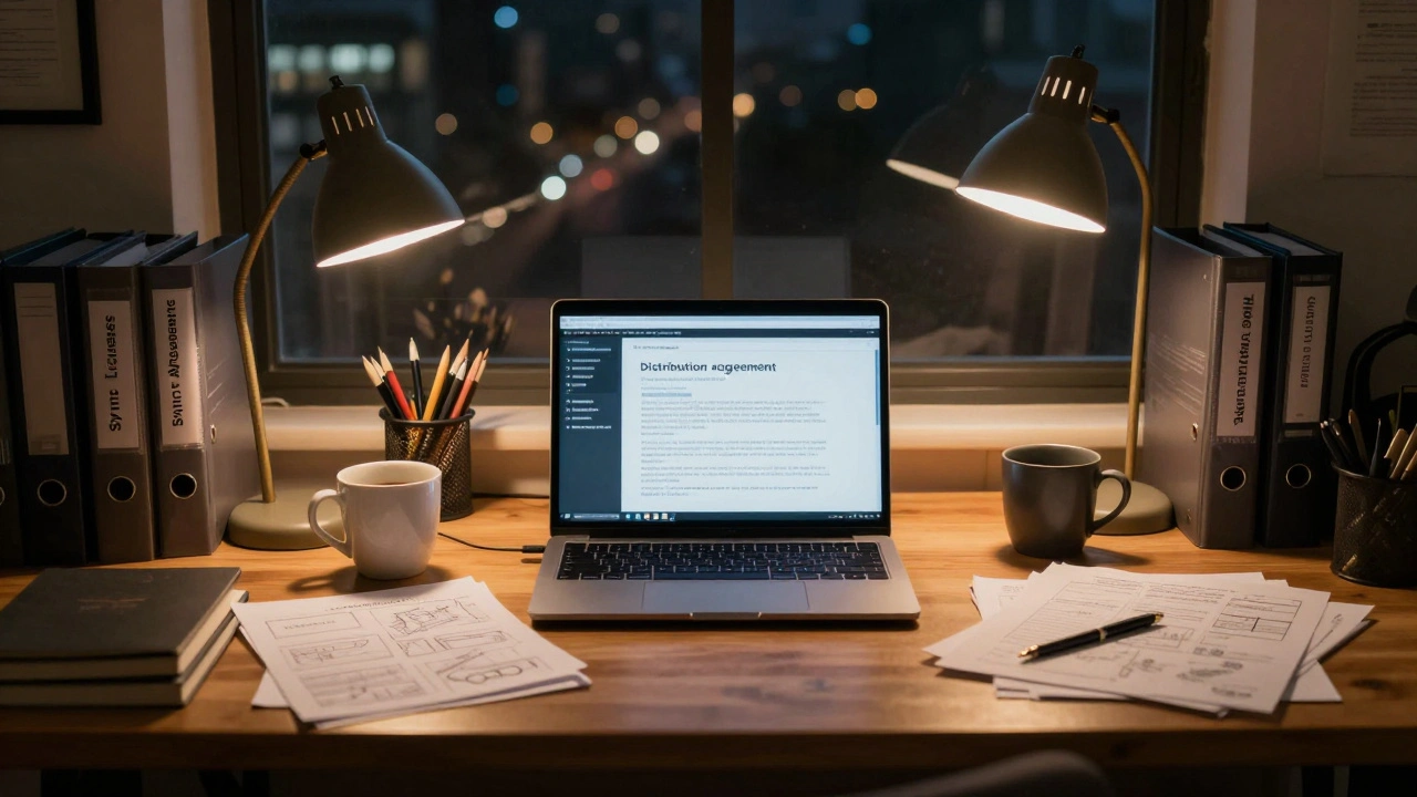 Indie filmmaker's office with legal documents and distribution deals