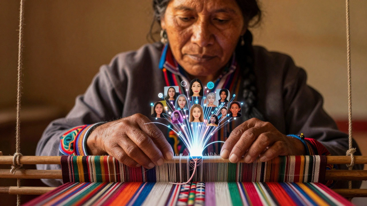 Indigenous weaver creating textiles that turn into digital data streams