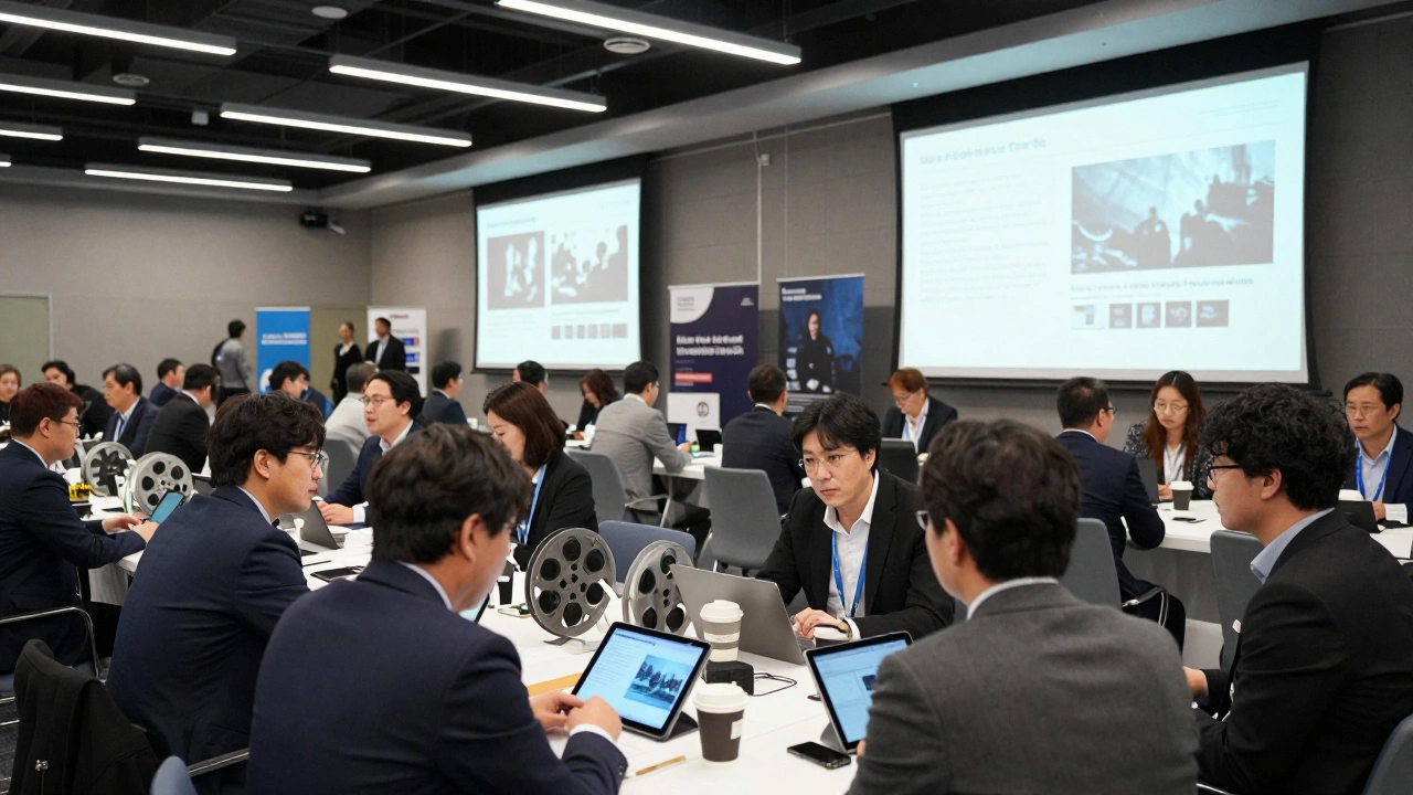 Industry professionals networking at the Busan Film Market convention