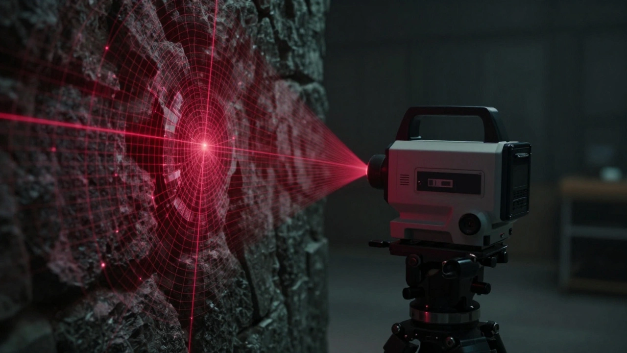 LiDAR scanner mapping a set piece with red laser point clouds.