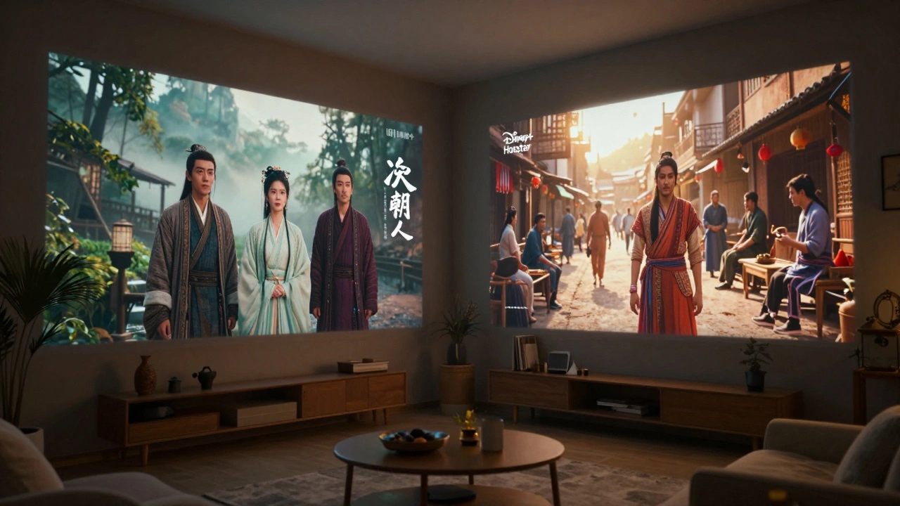 Living room with holographic screens displaying Chinese historical drama and Indian small-town series.