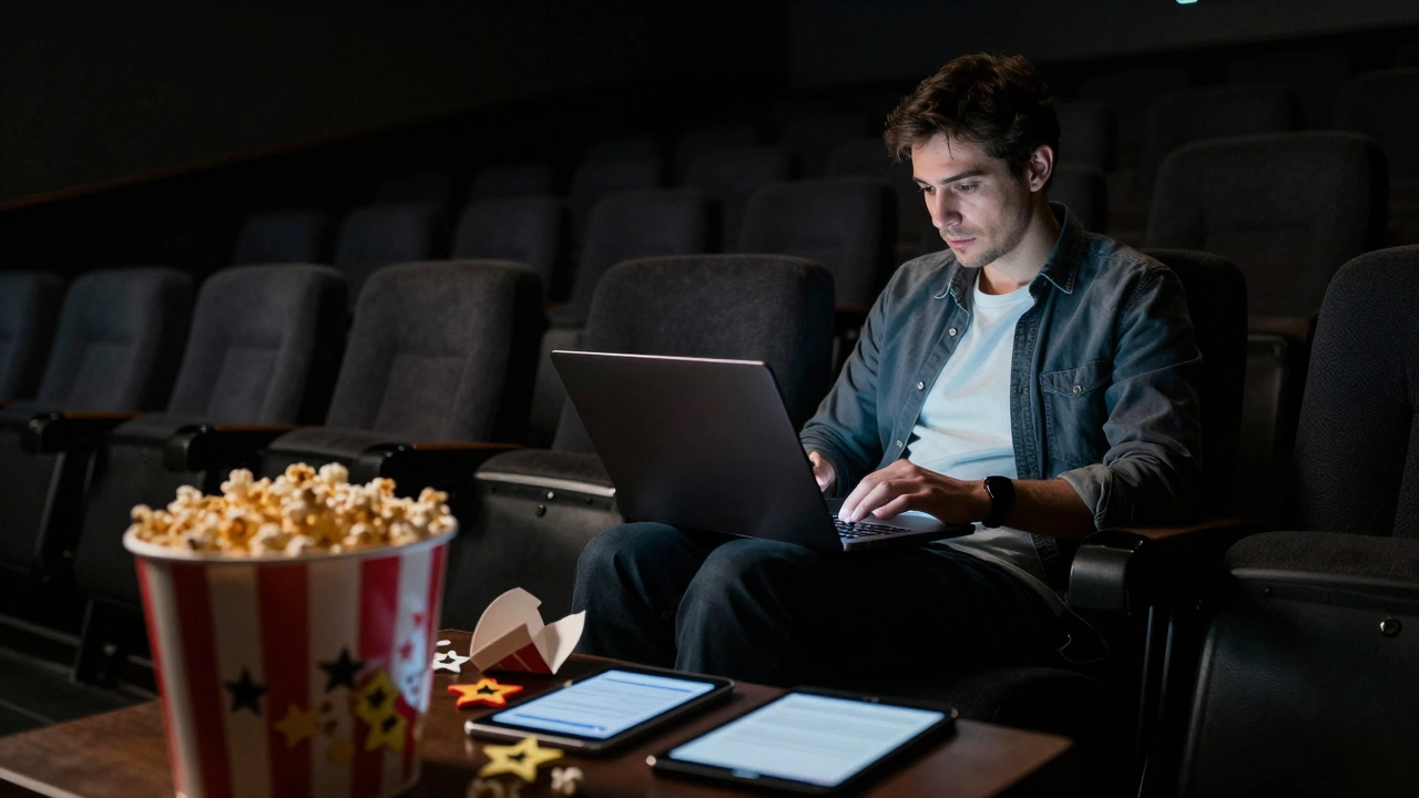 Lone film critic writing in a dark theater, surrounded by symbols of shallow engagement