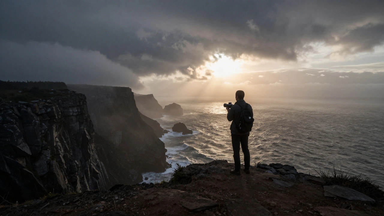 Lone filmmaker on a cliff overlooking the ocean at sunrise