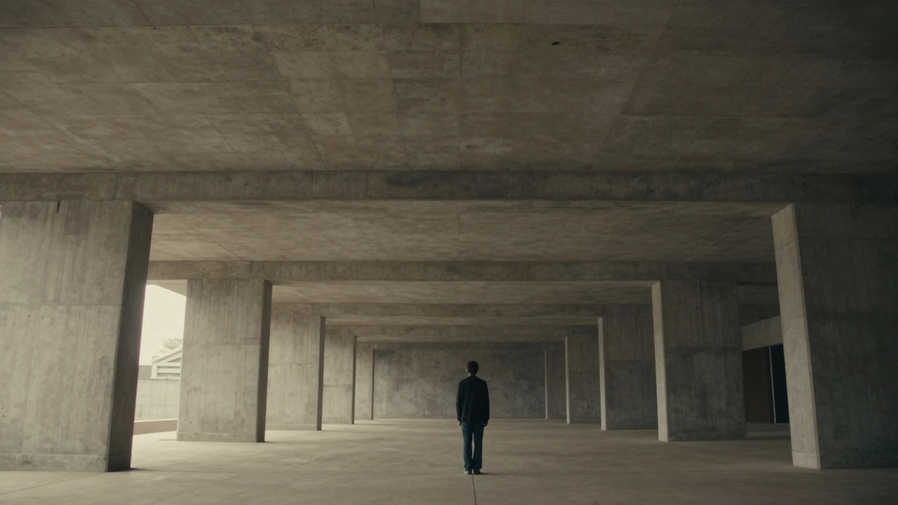 Lone person in vast concrete corridor with muted earth tones