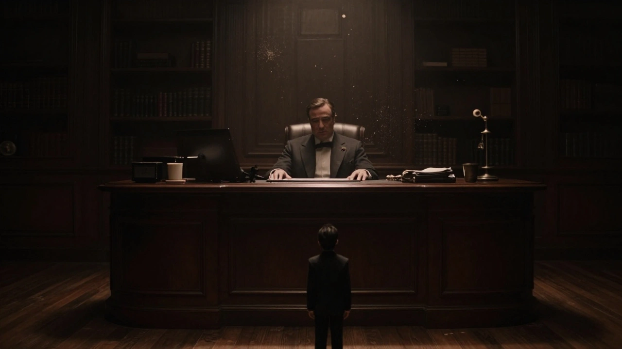 Low angle shot of a powerful figure behind a desk in a dark office