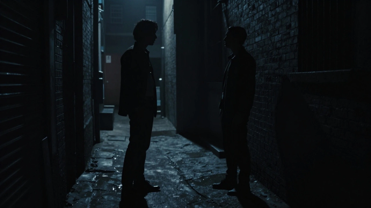 Low-key noir lighting in a dark alley with deep shadows and a tense encounter.