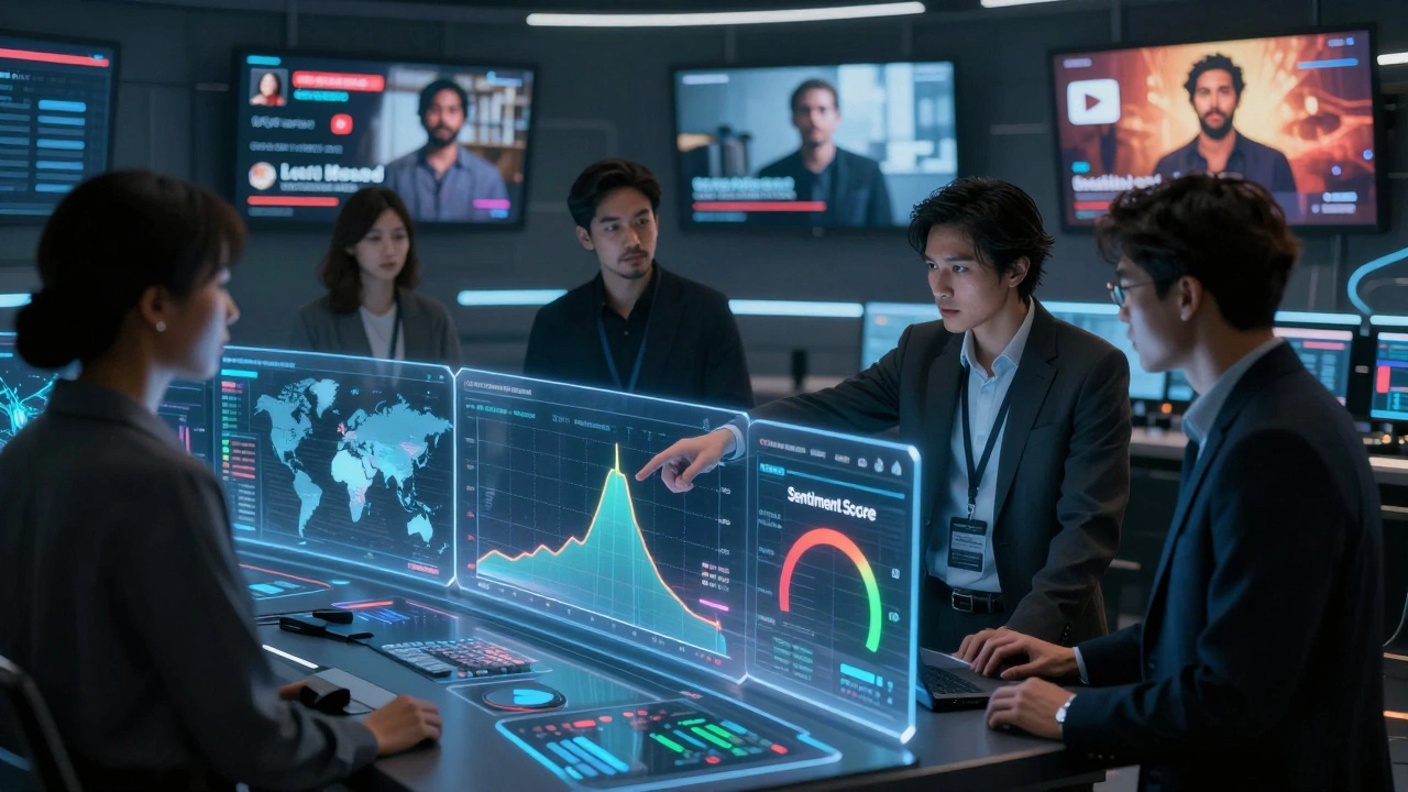 Marketing team analyzing real-time social data on holographic screens
